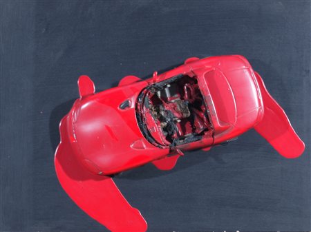 AUBERTIN BERNARD, "Auto rossa su tavola. Modellino di automobilina in metallo DODGE VIPER applicato su tavola"