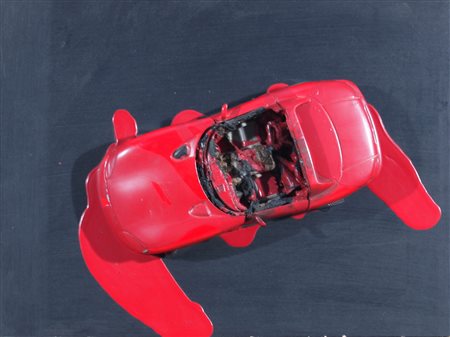 AUBERTIN BERNARD, "Auto rossa su tavola. Modellino di automobilina in metallo DODGE VIPER applicato su tavola"