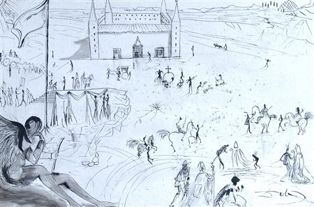 DALI' SALVADOR, "Paesaggio con figure", 1963