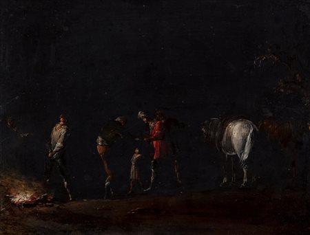 Scuola fiamminga, secolo XVII - Notturno con briganti e cavalli intorno a un fuoco