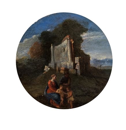 Scuola emiliana, secolo XVII - Sacra Famiglia con San Giovannino in un paesaggio con rovine classiche
