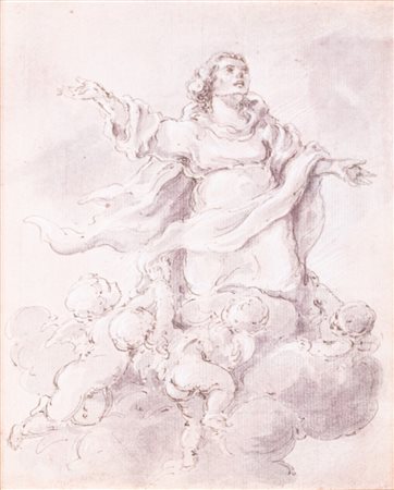 Disegno raffigurante Assunta con Angeli, e due studi di nudi virili a sanguigna