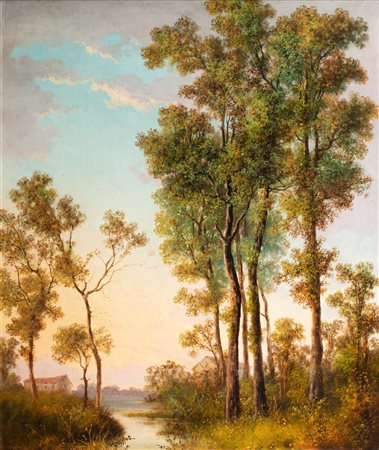 Scuola italiana, secolo XIX - Paesaggio lacustre con casolari in lontananza