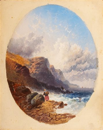 Joseph Horlor (1809-1887)  - Scogliera con mare in burrasca