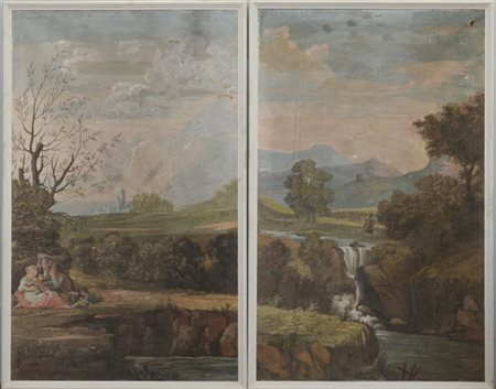 Scuola del secolo XIX "Paesaggio con cascata e figure" e "Figure in un paesaggi