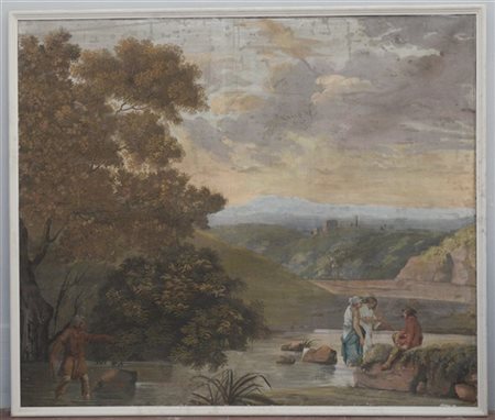 Scuola del secolo XIX "Paesaggio fluviale con figure" tecnica mista su tela (cm