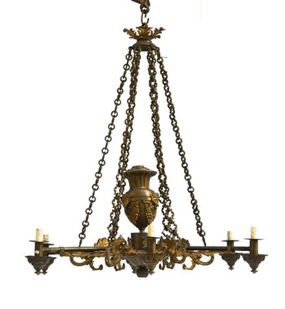 Lampadario a sei fiamme in bronzo cesellato, ottone e rame (h cm 100) (difetti)