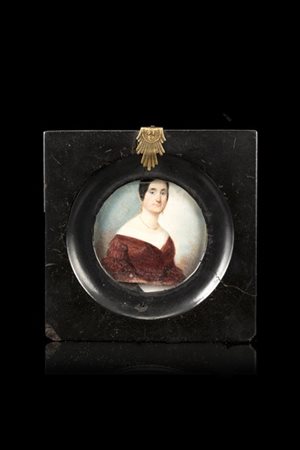 Maestro del secolo XIX "Ritratto di gentildonna in abito rosso" miniatura quadr
