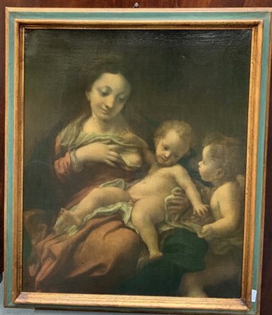 Oleografia applicata su tela dell'opera "Madonna del latte" (cm 51x42) in corni