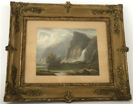 Henri-Paul Motte (Attribuito) "Paesaggio con cascata" olio su carta (cm 18x22,5)