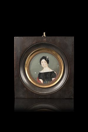 Maestro del secolo XIX "Ritratto di nobildonna pesarese" miniatura tonda su avo