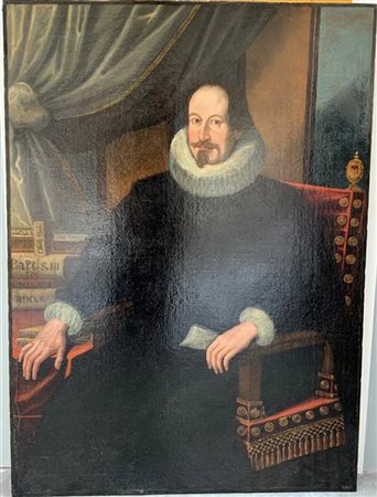 Scuola del secolo XVII "Ritratto di uomo con gorgiera" olio su tela (cm 136x99)