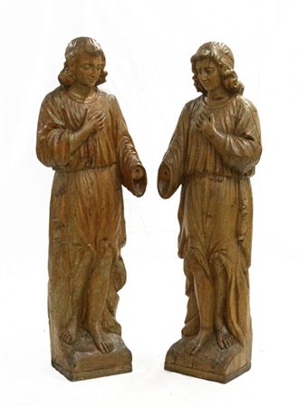 Artista del secolo XIX. Coppia di figure lignee (h. cm 140) (mancanze e restaur