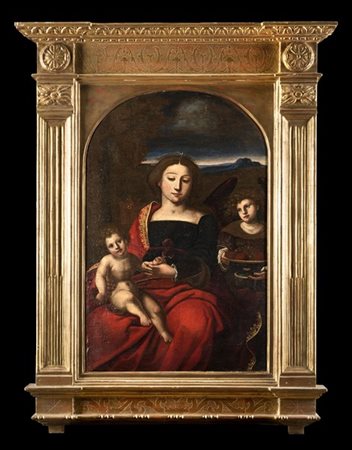 Scuola italiana del secolo XVII

Madonna con Bambino e un angelo
Olio su tela a