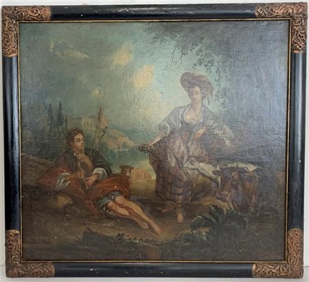 Scuola della fine del secolo XVIII "Scena galante" olio su tela (cm 75x85) In c