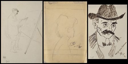 Lotto composto da tre disegni:

Louis Livet (secolo XX)
Autoritratto mentre dip