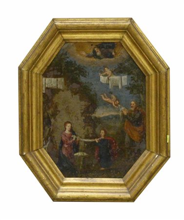 Ignoto del secolo XVII "Madonna del bucato (Sacra Famiglia)" olio su rame ottag