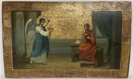 Scuola russa, secolo XIX "
Annunciazione" Icona ad olio su tavola (cm 70x40) (d