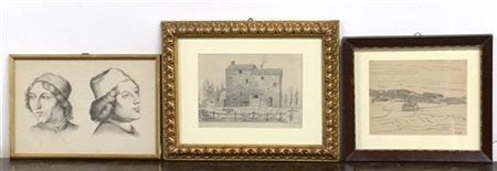Lotto composto da tre disegni di autori, soggetti e misure diverse in cornici (