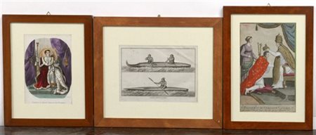 Lotto composto da acquaforte raffigurante canoe e due incisioni a colori del se