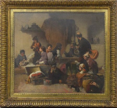 Ignoto del XIX Secolo "Interno con figure" olio su tela (cm 50x60) Firmato in b