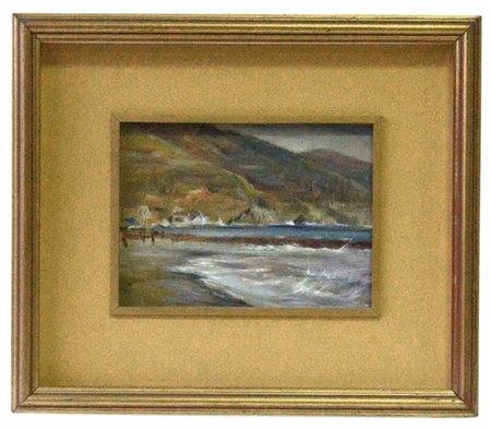 Umberto Montini "Mareggiata a Monterosso" olio su masonite (cm 18x24) Al retro: