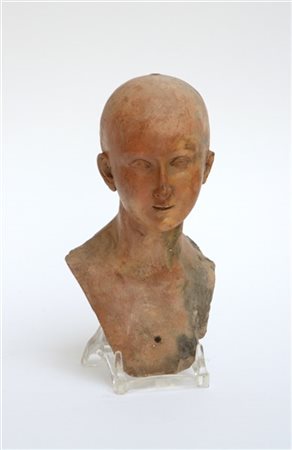 Testa di manichino in cotto (h cm 15)(supporto in plexiglas) (difetti, restauri