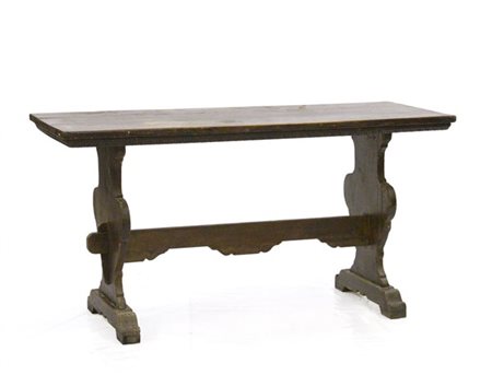 Tavolo con sostegni ad asso di coppe riuniti da traversa (cm 153x78x58) (difett