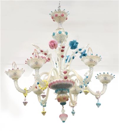 Manifattura di Murano,lampada a sospensione a sei braccia in vetro soffiato tra