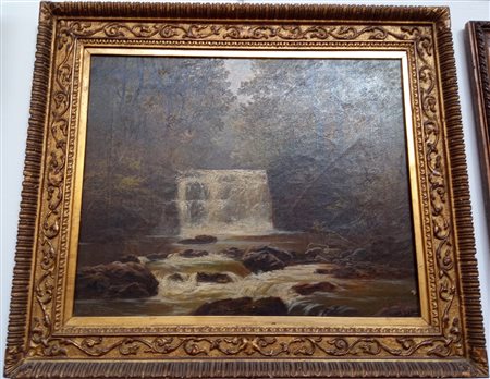 Firma indecifrata "Paesaggio con cascata" 1879, olio su tela (cm 43x55) Firmato