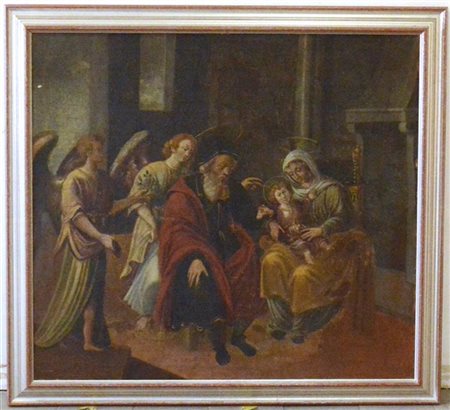 Ignoto "Sacra Famiglia con angeli in un interno" olio su tela (cm 91x100) (dife