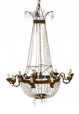 Lampadario a cesto in stile impero a nove luci decorato con pendagli (cm 110) (