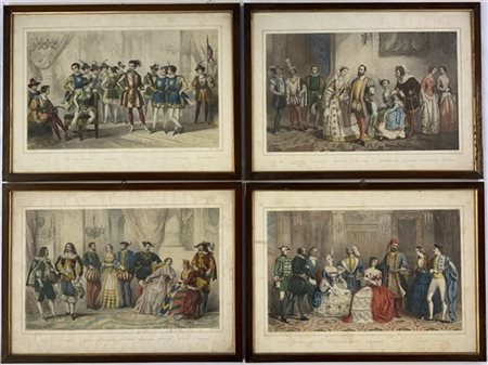 Gruppo di quattro litografue francesi a colori raffiguranti nobili in costumi d