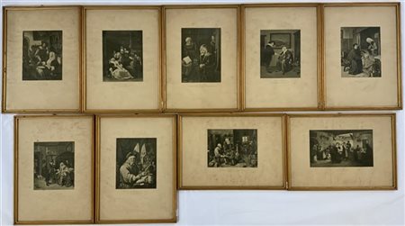 Lotto di nove riproduzioni raffiguranti dipinti antichi da vari musei, in corni