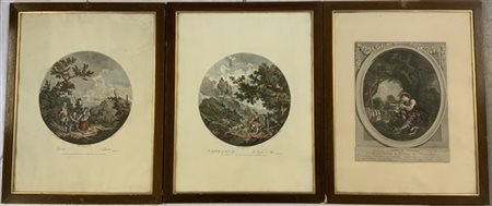 Lotto di tre incisioni a colori del secolo XIX raffiguranti paesaggi con scene