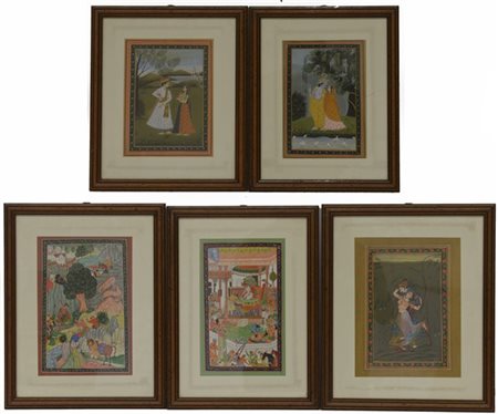 Cinque miniature di manifattura indiana, dipinte a colori raffiguranti scene di