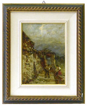 Firma indecifrata "Scorcio con montagna" olio su cartone (cm 27x19) Siglato in