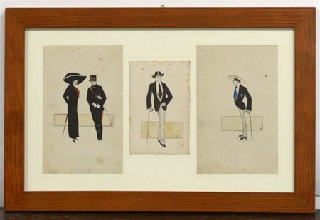 Ignoto del secolo XIX "Figure caricaturali" tre disegni a tecnica mista su cart