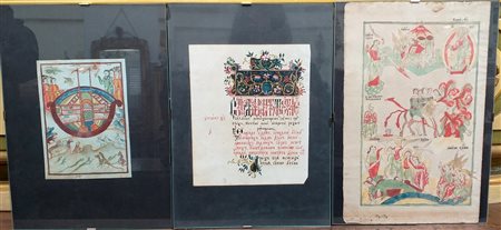 Lotto di due miniature e di una pagina manoscritta russe del secolo XVIII con s