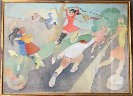 E. Kuss "Bambini che giocano" tecnica mista su cartoncino applicato su tela (cm