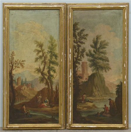Ignoto "Paesaggi con figure" coppia di antichi dipinti ad olio su tela (cm 93x4