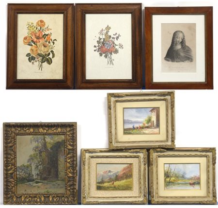 Lotto composto da quattro dipinti e tre incisioni di diversa epoca e soggetto,