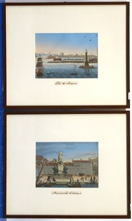 Ignoto "Scorci di Livorno" coppia di incisioni a tempera (cm 15x20) in cornici