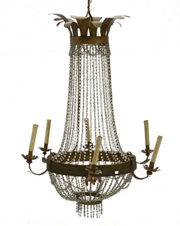 Lampadario a cesto in stile Impero a sei fiamme con fasce e portacandele in met