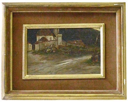 Francesco Sartorelli "Paese di collina" olio su tavola (cm 13x22) Firmato in bas