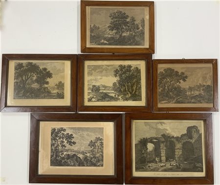 Lotto di sei antiche incisioni di Drevet, Pedro, Blonde, raffiguranti paesaggi,