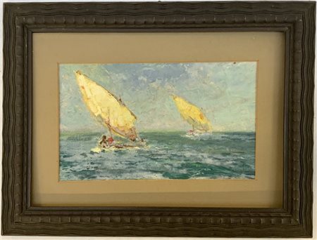 Firma indecifrata "Marina con barche" olio su cartone (cm 16x26) Siglato in bas