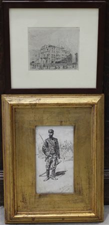 Lotto composto da un disegno di Matania a china raffigurante soldati, firmato e