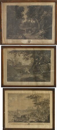 Lotto di tre incisioni del XVIII secolo raffiguranti paesaggi, in cornici