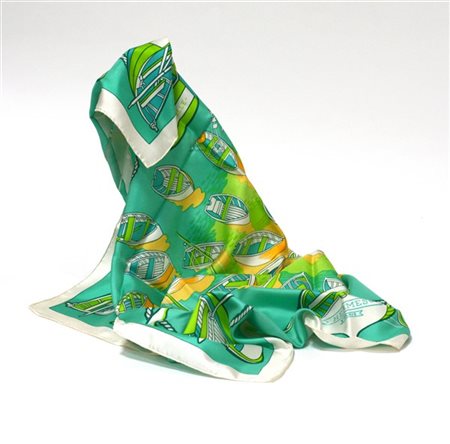 HERMÈS 
Foulard in seta "Flotilles", Pierre Péron 1970 circa, nei toni dell'acq